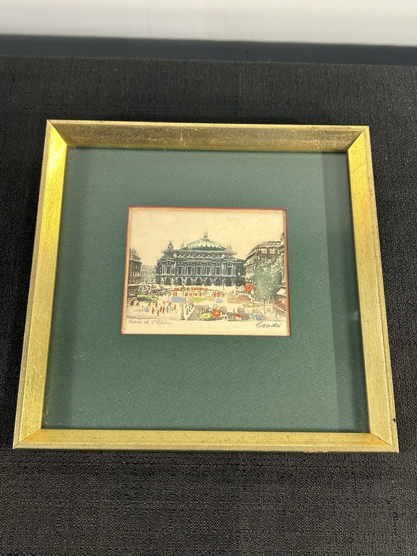 Hand Signed Gaudi Paris Opera Etching Place de l’Opera Hand Colored Framed 9×9
