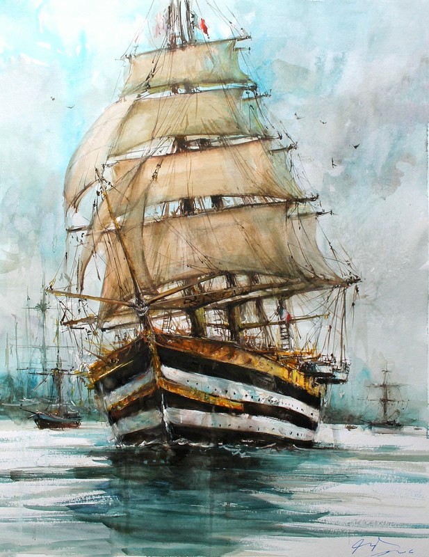 ORIGINAL PAINTING WATERCOLOR AMERIGO VESPUCCI SEASCAPE SHIP VESSEL 25»x 19»in