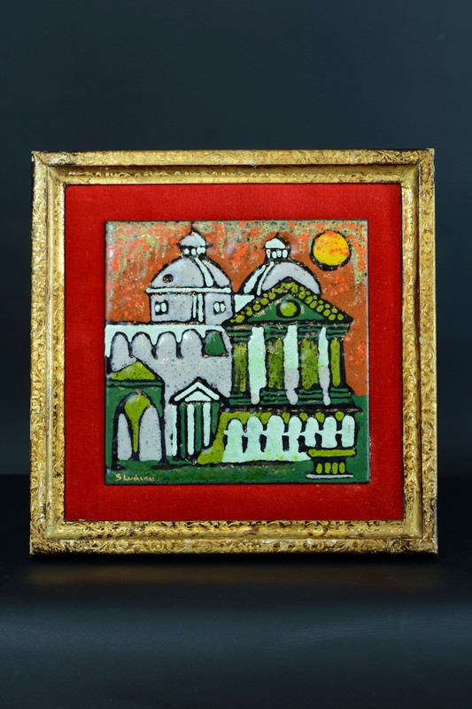 Beautiful Enamel Painting Roman Landscape Colosseum Rome Framed Signed Luchinni