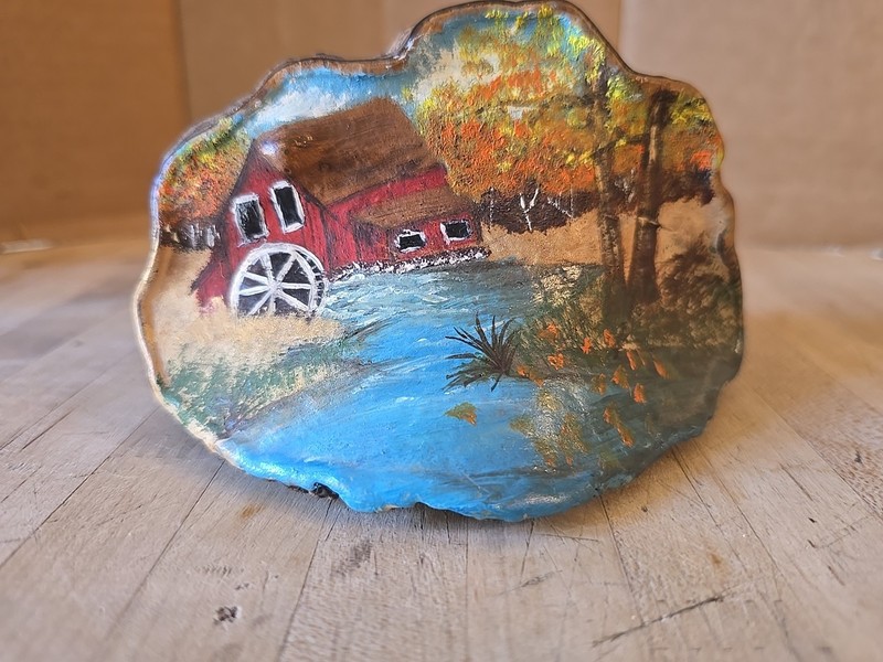 Vtg Painting On Artist Conk Shelf Mushroom Fungus Red Barn Scene Snow Water