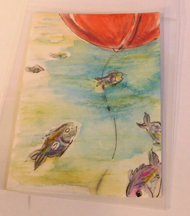 Hope Teasers- ACEO Inktense on Watercolor paper 2.5×3.5″ Fishing art and bobber
