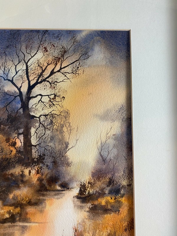 Carrie O'Quinn "Evening River Landscape Scene" Watercolor Painting-Signed/Framed gallery