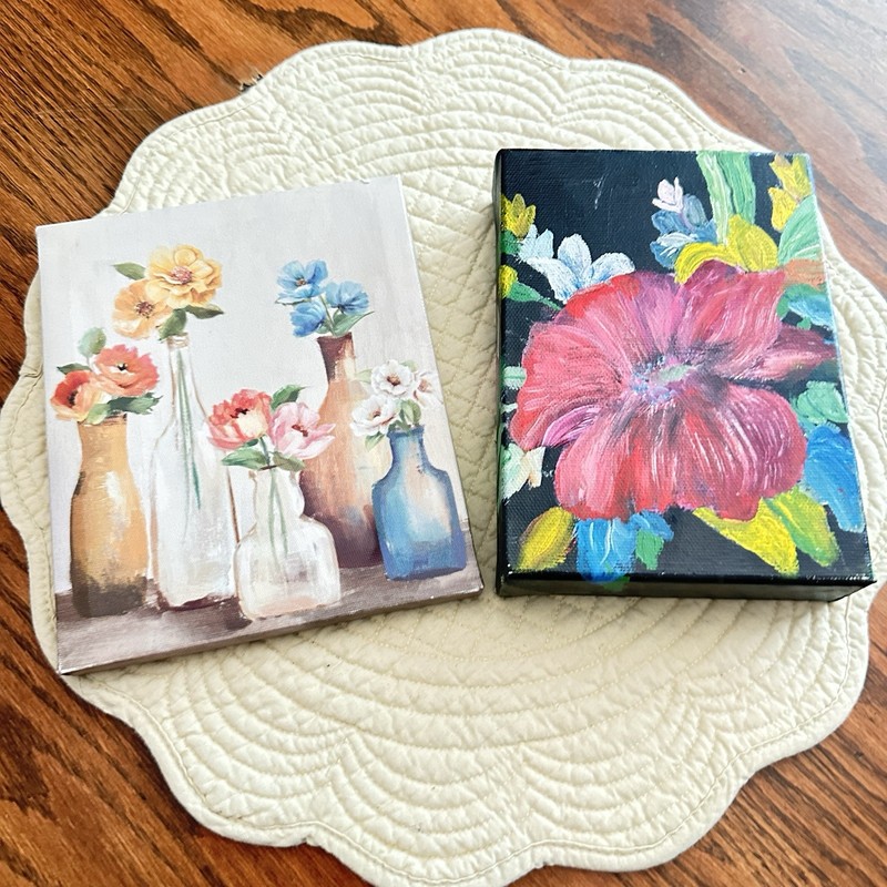 Lot Of 2 Small Floral Painted Canvases 1 Handpainted, 5×7, 6×7