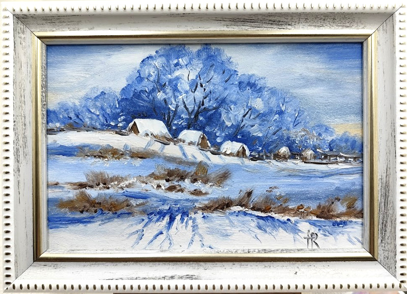 Original Oil Painting 6×4 in Framed Signed Winter Landscape Impasto Art