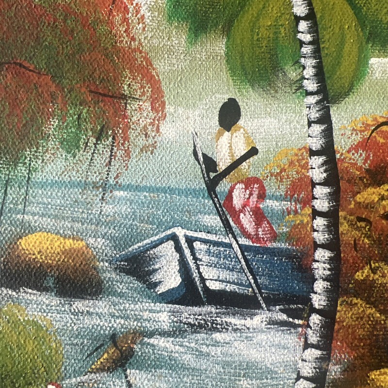 2 Vintage Haitian Genre Oils of wooden huts with people working illegibly signed gallery