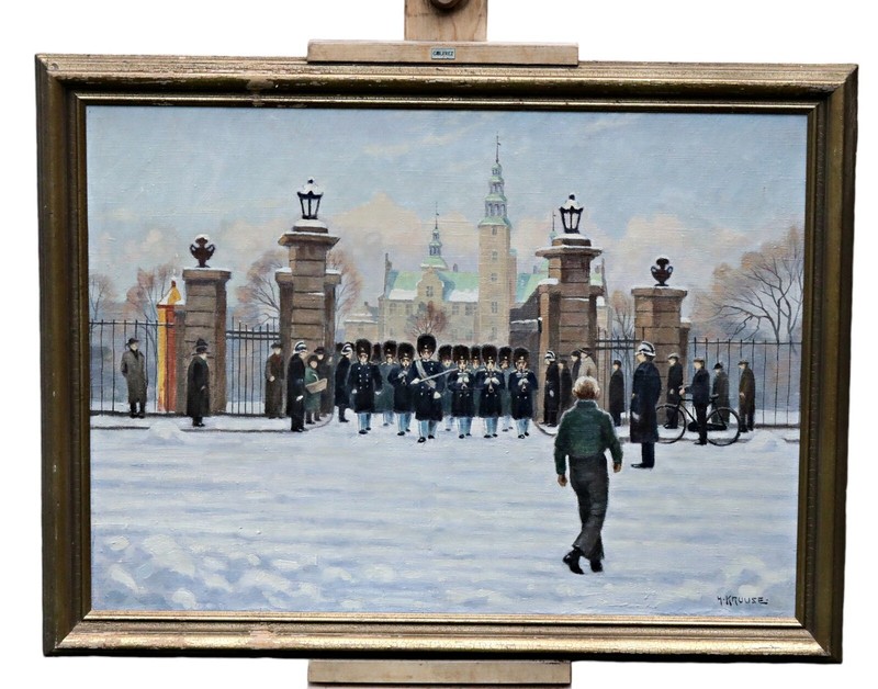 Hans Kruuse Winter Cityscape with Figures Castle Oil Painting, Signed