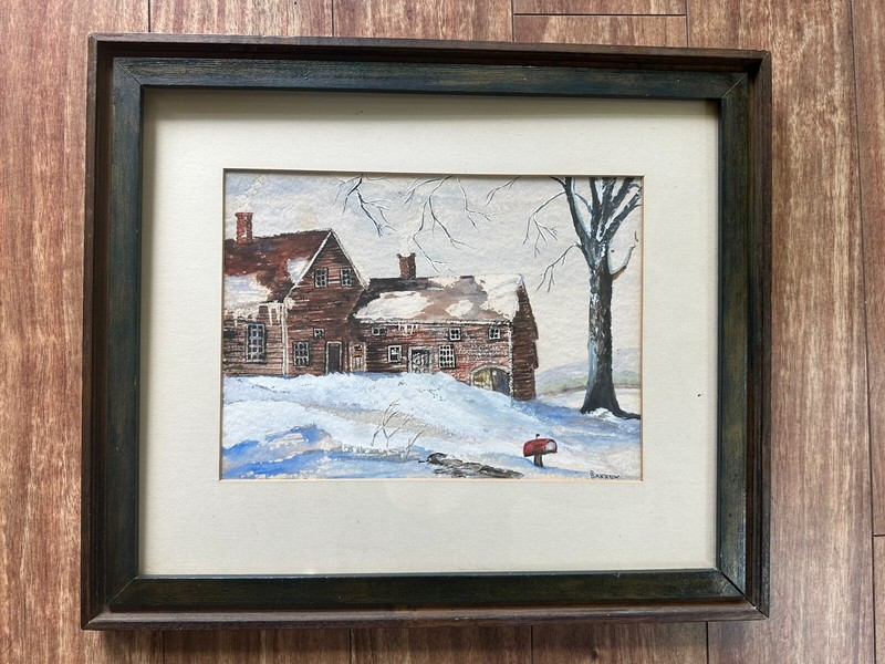 Vintage Framed Original Watercolor Winter Cabin Landscape Signed F Garrow