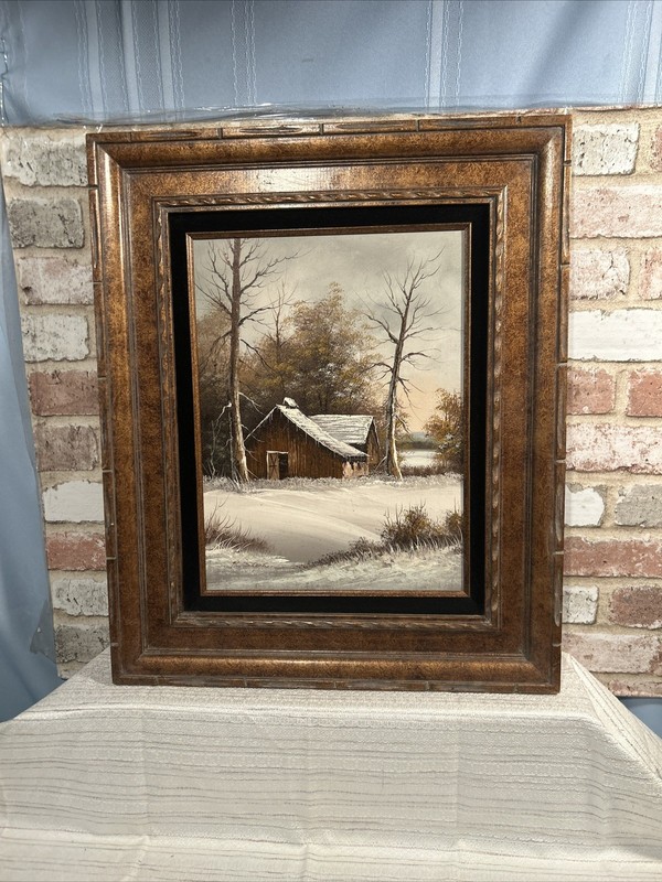 Vintage Oil Painting ~Winter Cabin~Lake~Matted~Framed~19.75x 23.75”~Signed gallery