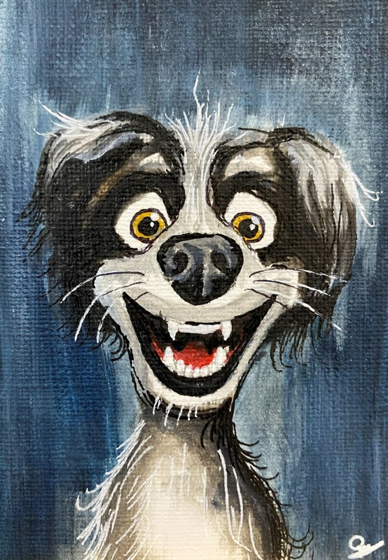 ACEO Original Acrylic Painting Smiling Dog Portrait Cartoon Style Cute Happy Art
