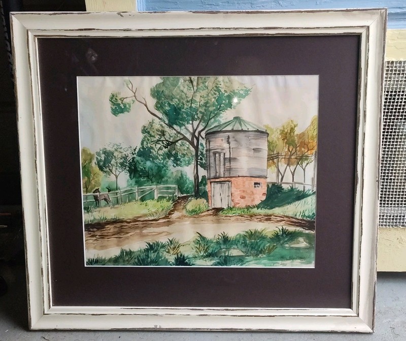Vintage 1970 Original Watercolor – Farm Landscape, Cream Colored Wood Frame -Sis