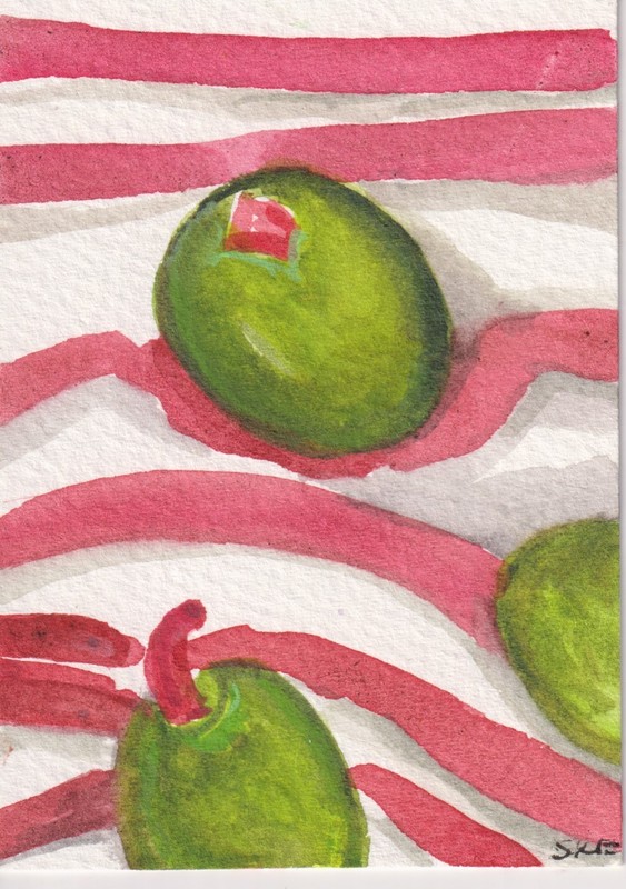 Original ACEO Green olives on red & white Watercolor Painting Art Sharon Foster
