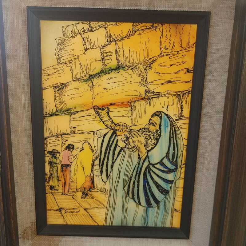Vintage Mexican Reverse Glass Painting Rabbi Blowing Shofar In Wooden Frame gallery