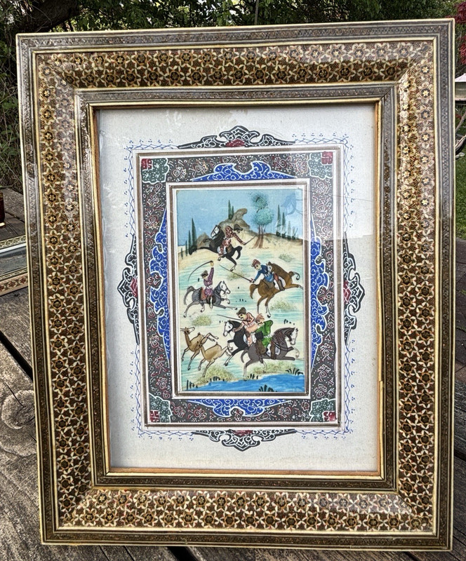 Vintage Persian Hand Painted Polo Scene Khatam Style Framed Folk Art 12.5×10″