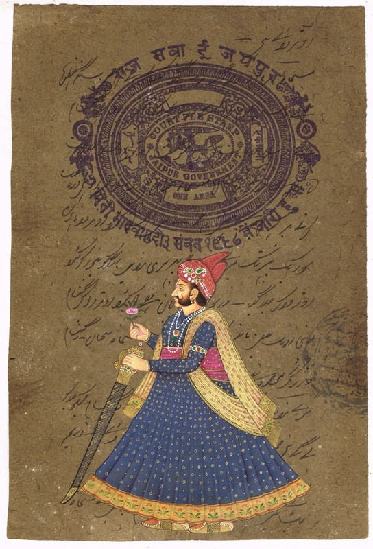 Miniature Portrait Of Maharaja Sawai Pratap Singh On Old Stamp Paper 8.5×13 Inch