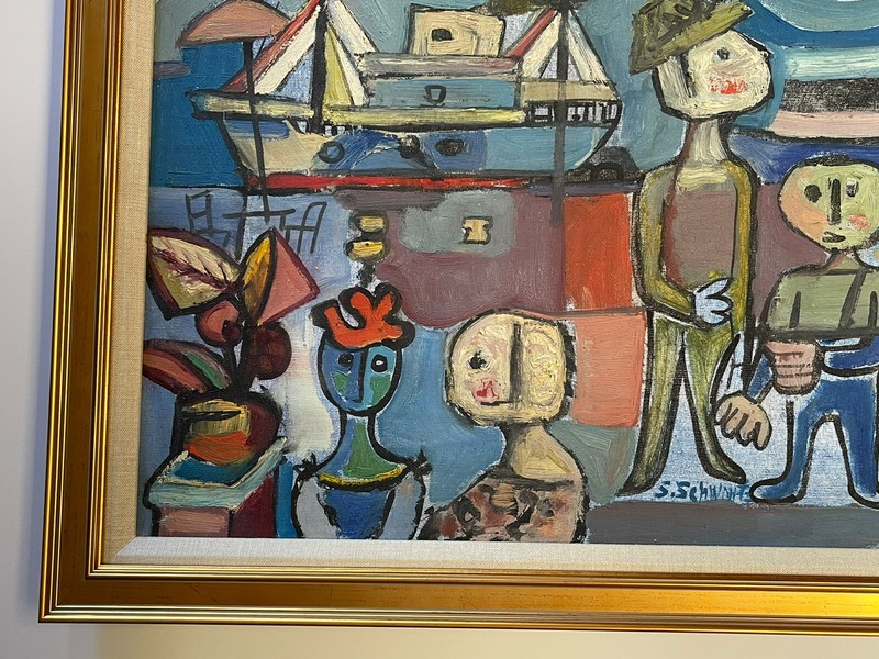 SCHWARTZ OIL PAINTING MID CENTURY MODERN COASTAL NAUTICAL MODERNIST BEACH SEA gallery