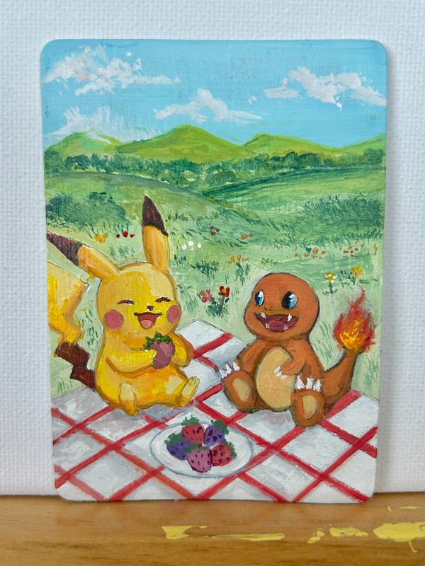 ACEO original painting Pikachu Charmander Pokemon picnic ooak art card by Chelle