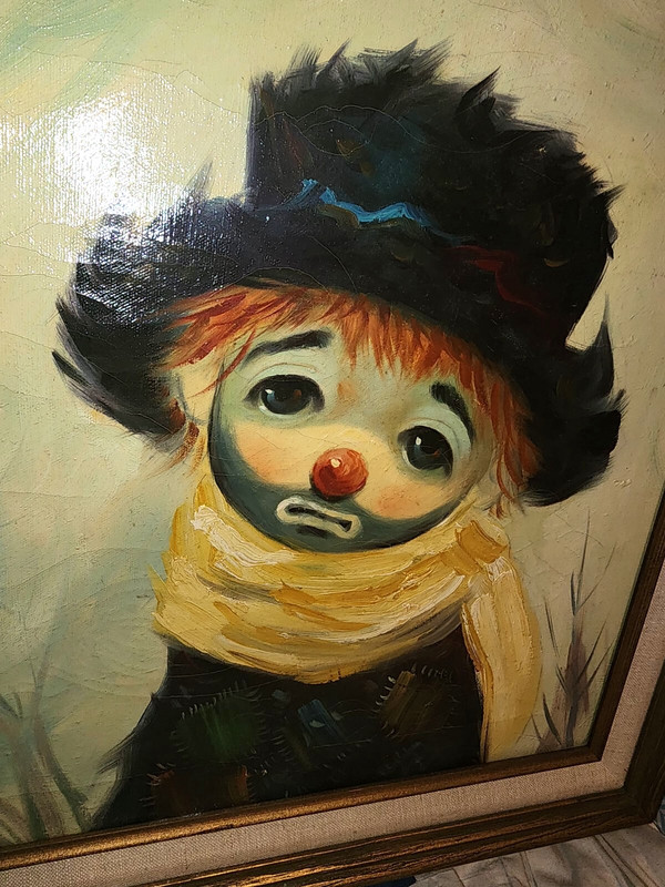 Vintage 60s Big Eyes Sad Eyes Child Clown On Oil Frame Matte Sign Gibbs 22×25