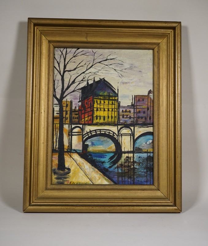MCM Oil painting of a european Townscape - Mid Century signed by E. Ackerman gallery