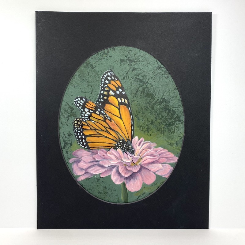 Original Art Painting Monarch Butterfly Pink Flower 11”x14” Oval Matted OOAK