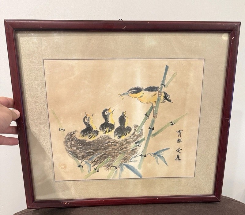 Vintage Asian Watercolor Painting Birds in Nest with Bamboo Framed Art Sign