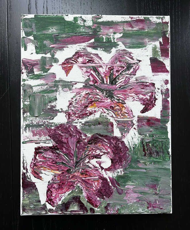 Abstract Textured Floral Canvas Painting Purple/Pink Flowers Green BG