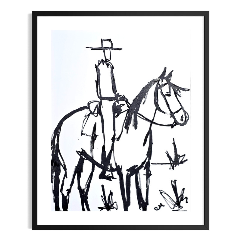 Original Abstract Ink 9×12 Minimalist Cowboy Horse Paper Signed Wall Art