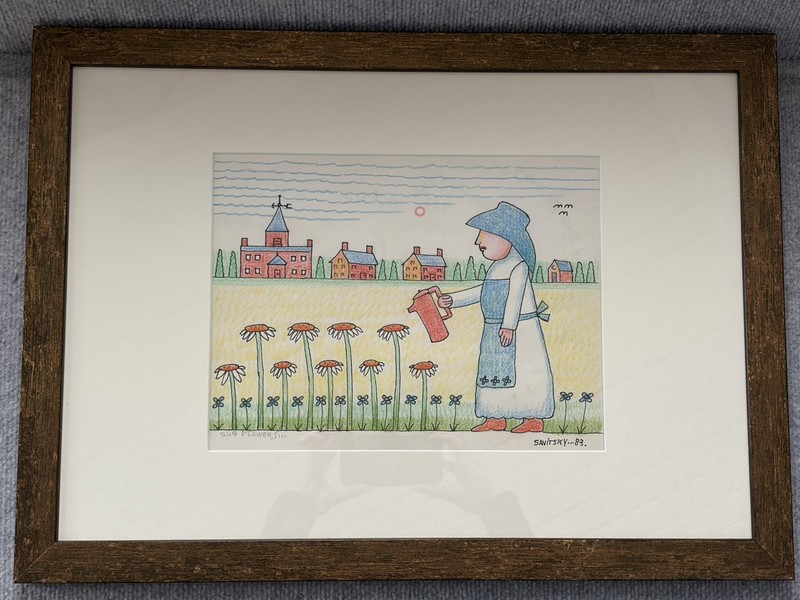 Jack Savitski (1910-1991 PA):”Sunflowers” Mixed Media Great Folk Artist Framed
