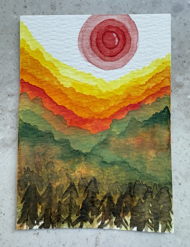 ACEO Abstract Mountain Sunset Forest Landscape Watercolor on Paper, Unframed