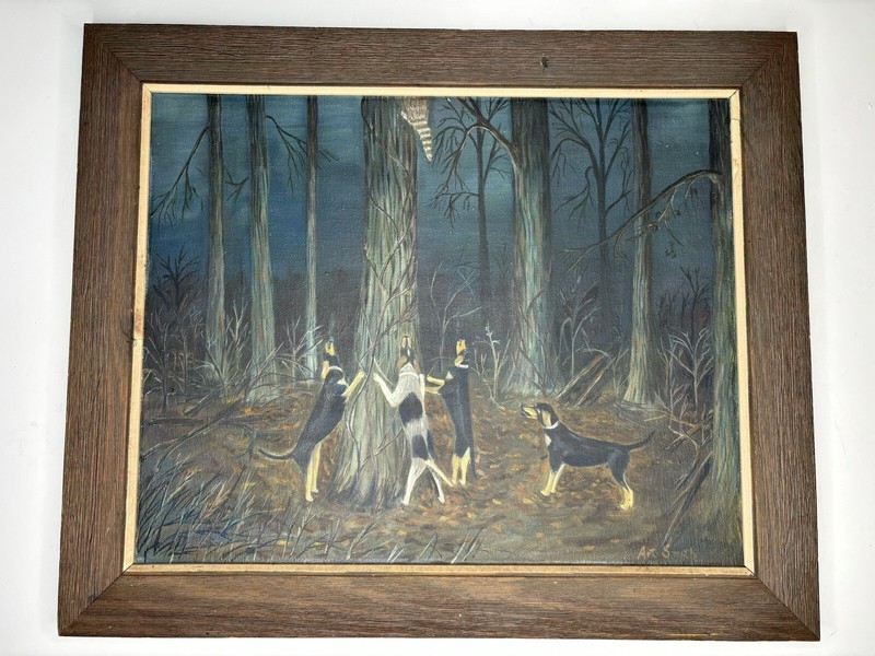American Folk Painting Coon Hounds Treeing Hunting Dogs 1940s/1950s Signed