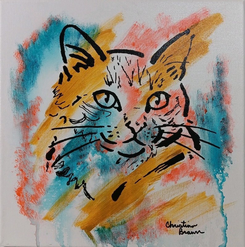 Hand Painted Cat Art Painting Mixed Media On 12X12 Canvas Signed Unframed