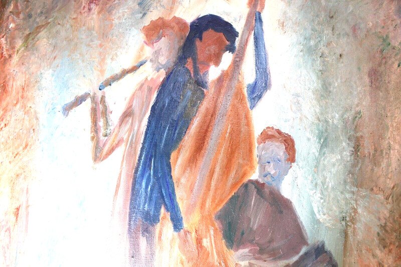 JAZZ TRIO Atomic Age IMPRESSIONIST Painting Ginger Drum & Horn Big Nose DBL BASS