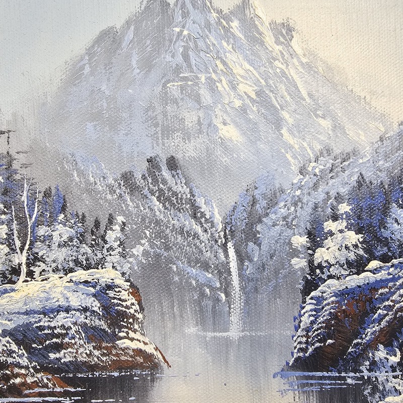Original Mountain Landscape Oil Painting Winter Blue Gray Gallery Wall Sm Framed