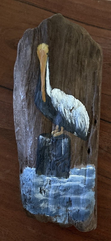 Original Hand Painted Pelican Seascape Folk Art on Driftwood Shore Bird Harbor