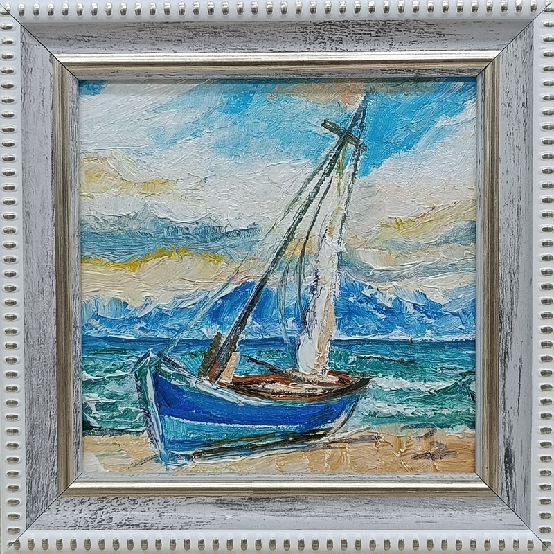 Seascape sailboat oil painting Original mini art Impressionism painting Boat 4×4