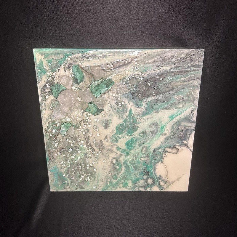 Quartz Crystals and Malachite Clusters Abstract Resin Painting Canvas 12x12 gallery
