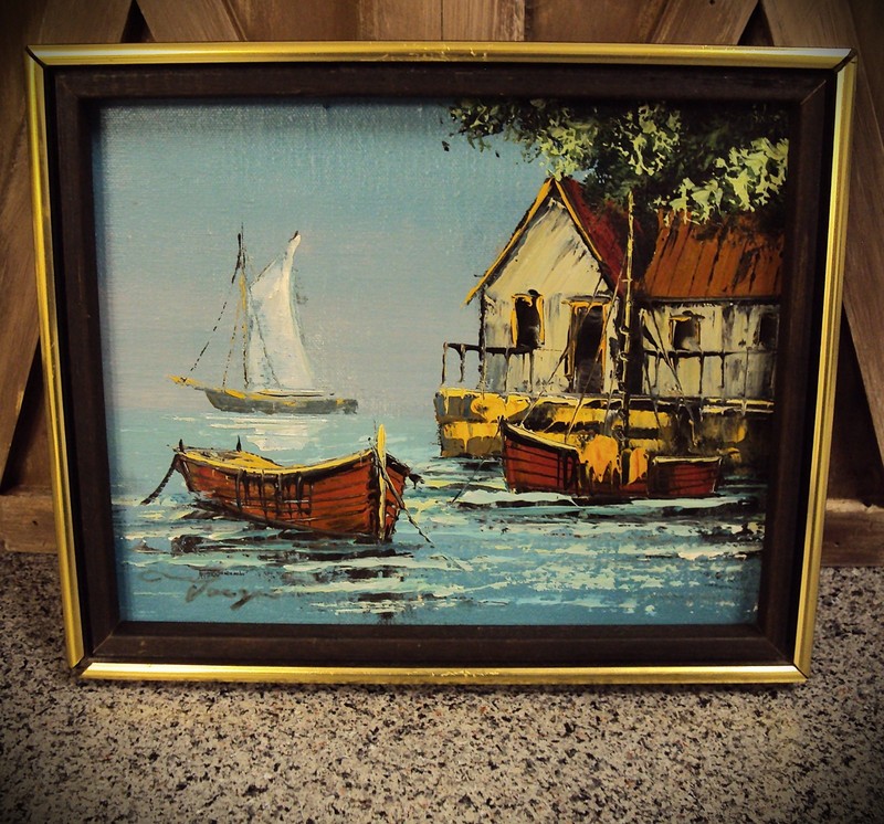 Vintage Framed and Signed Coastal Oil Painting 8×10 Boats Ocean House Water