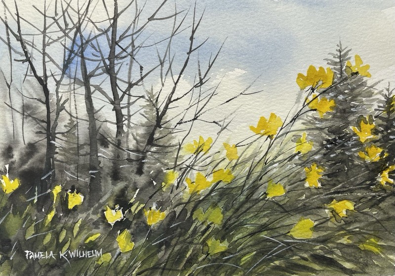 5”x7” Original Watercolor Pamela Wilhelm Yellow Wild Flowers Pine Trees