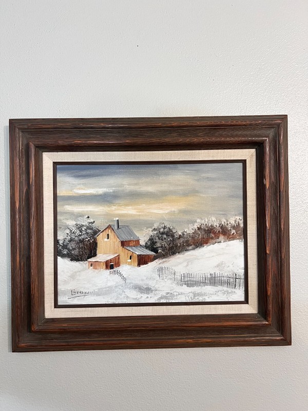Oil On Canvas Painting Country Farmhouse Barn In Winter Signed LICERANZY.