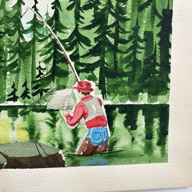 Vtg Maine Painting Fly Fishing Lake Pine Trees Downeast Watercolor gallery