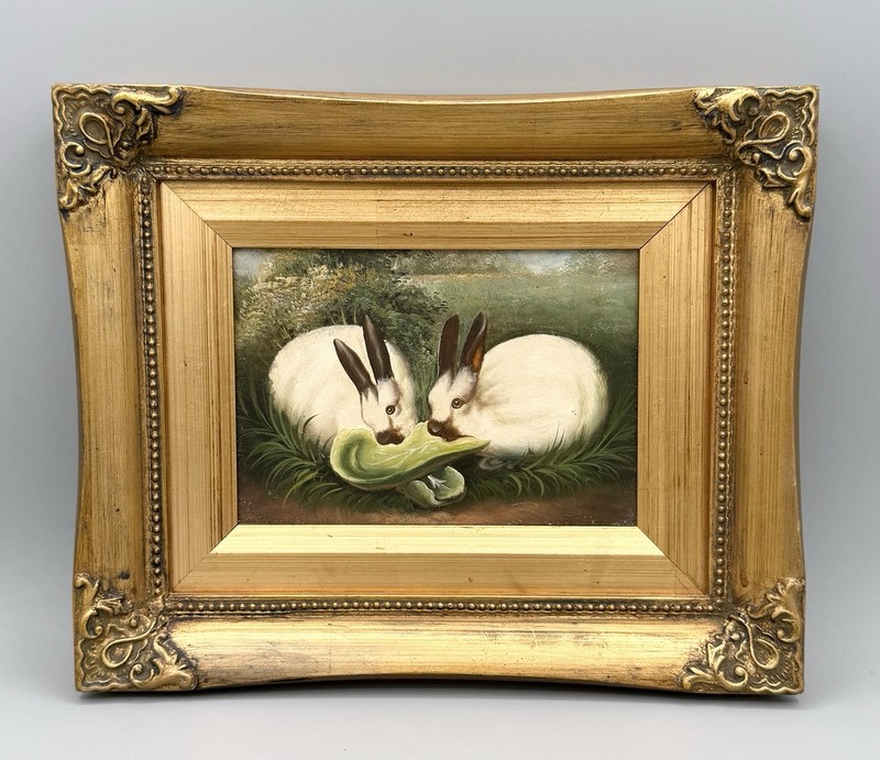 Vtg Robert Grace Oil Painting 2 Rabbits Eating Lettuce Ornate Gold Frame 11×9.5”