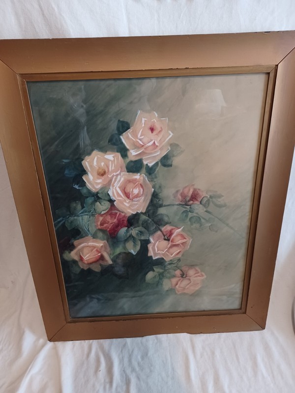PRETTY ANTIQUE VICTORIAN PINK RED ROSES FLORAL WATERCOLOR LARGE PAINTING gallery