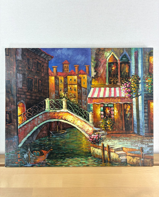 W James signed Canvas Oil Painting Venice 20×16 Restaurant Venice Bridge Art