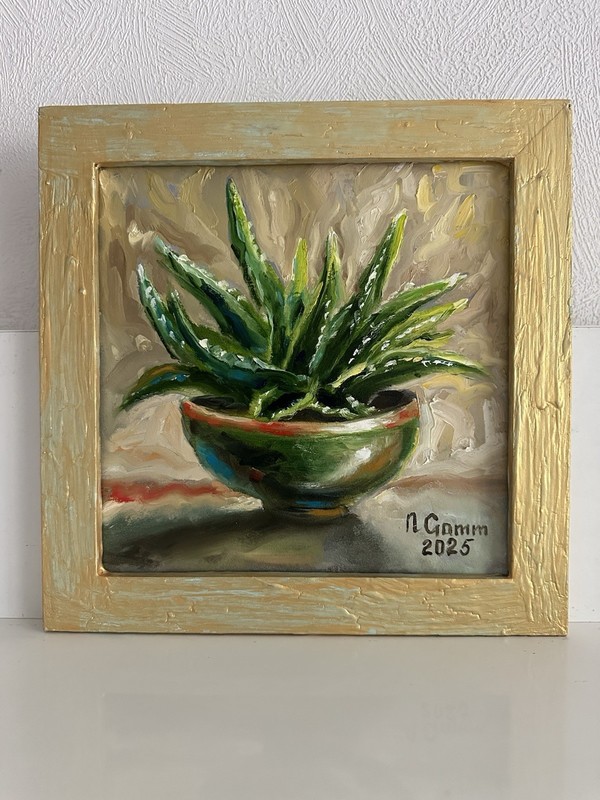 original oil painting still life 20х20cm Semi-Abstract aloe vera in Pot plant