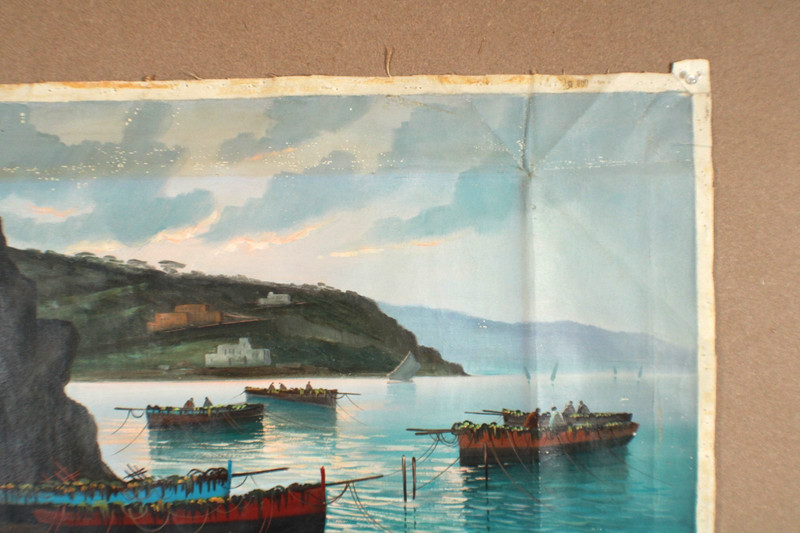 Antique Seascape With Boats And Mountains Scene Oil Painting Singed G. Levre gallery