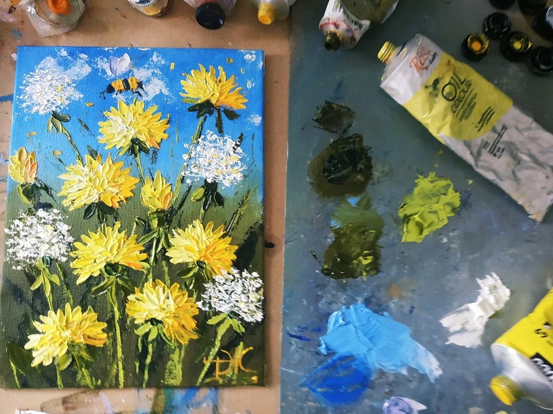 Dandelions Oil Painting Wildflowers Impasto Original art Unframed 8x6 inches gallery