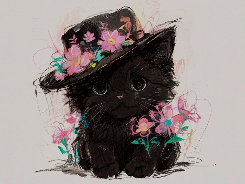 ACEO Mini *Art Print* Black Cat Baby Kitten in a Hat w/ Pink Flowers by Saulite