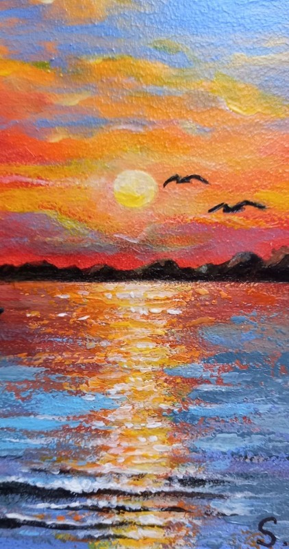 Evening Original Acrylic Painting Seascape Sunset Yacht Wall Art 5 x 7 in gallery