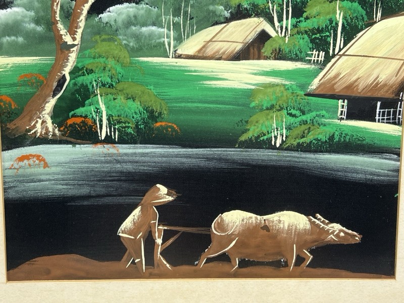 VTG Original OOAK Vietnamese Asian Silk Painting Farming Oxen Village 11x14.5" gallery