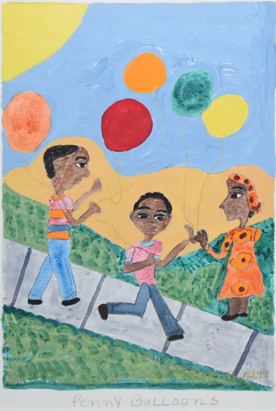 JOAN DANCE-KY Folk Artist-Original Signed Mixed Media-Black Children & Balloons