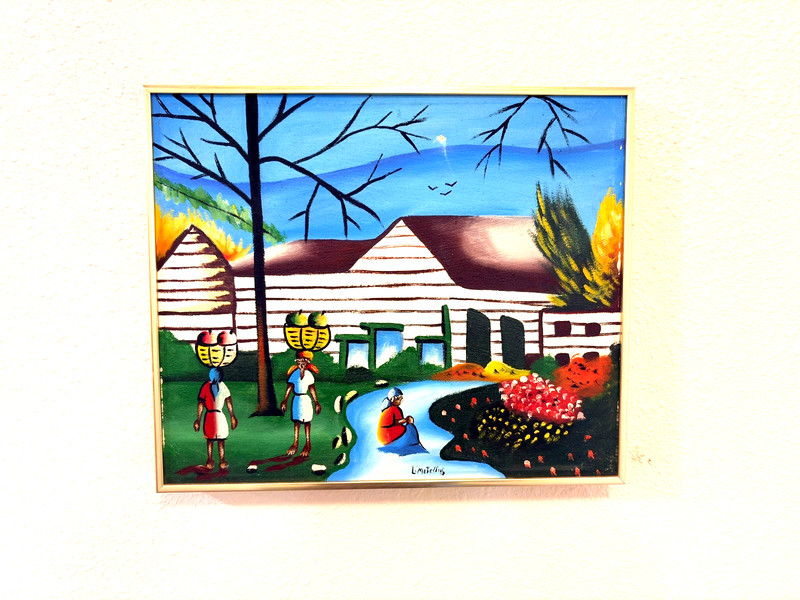 VINTAGE HAITIAN PAINTING SIGNED L. Metellus Folk Art METAL FRAMED SIZE 19 X 16" gallery